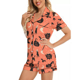 Women's Imitation Silk Halloween Cat Print Pajama Set - Short Sleeve Button-Up Sleepwear