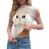 Women's Cute Bunny and Star Print Sheer Mesh Long Sleeve T-Shirt - Sexy & Breathable Design