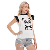Kawaii Heaven Women's Panda Graphic Ruffle Sleeve Blouse with Lace Collar - White