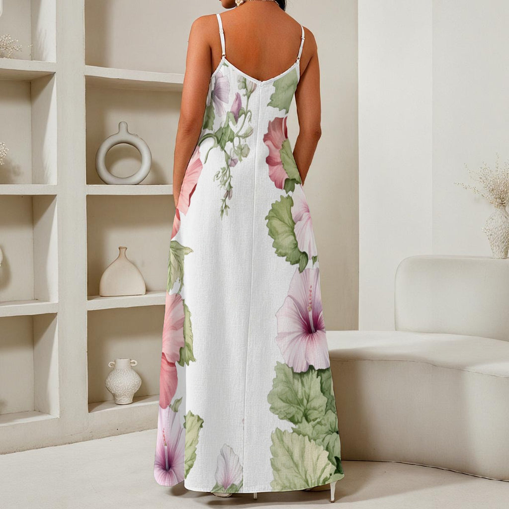 Hibiscus Floral Maxi Dress – Tropical Spaghetti Strap Summer Dress