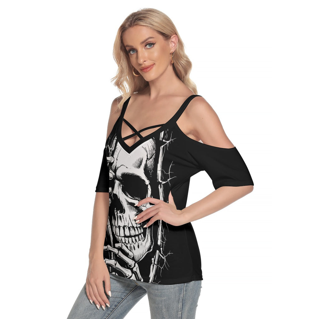 Gothic Skull Cold Shoulder Strappy Top