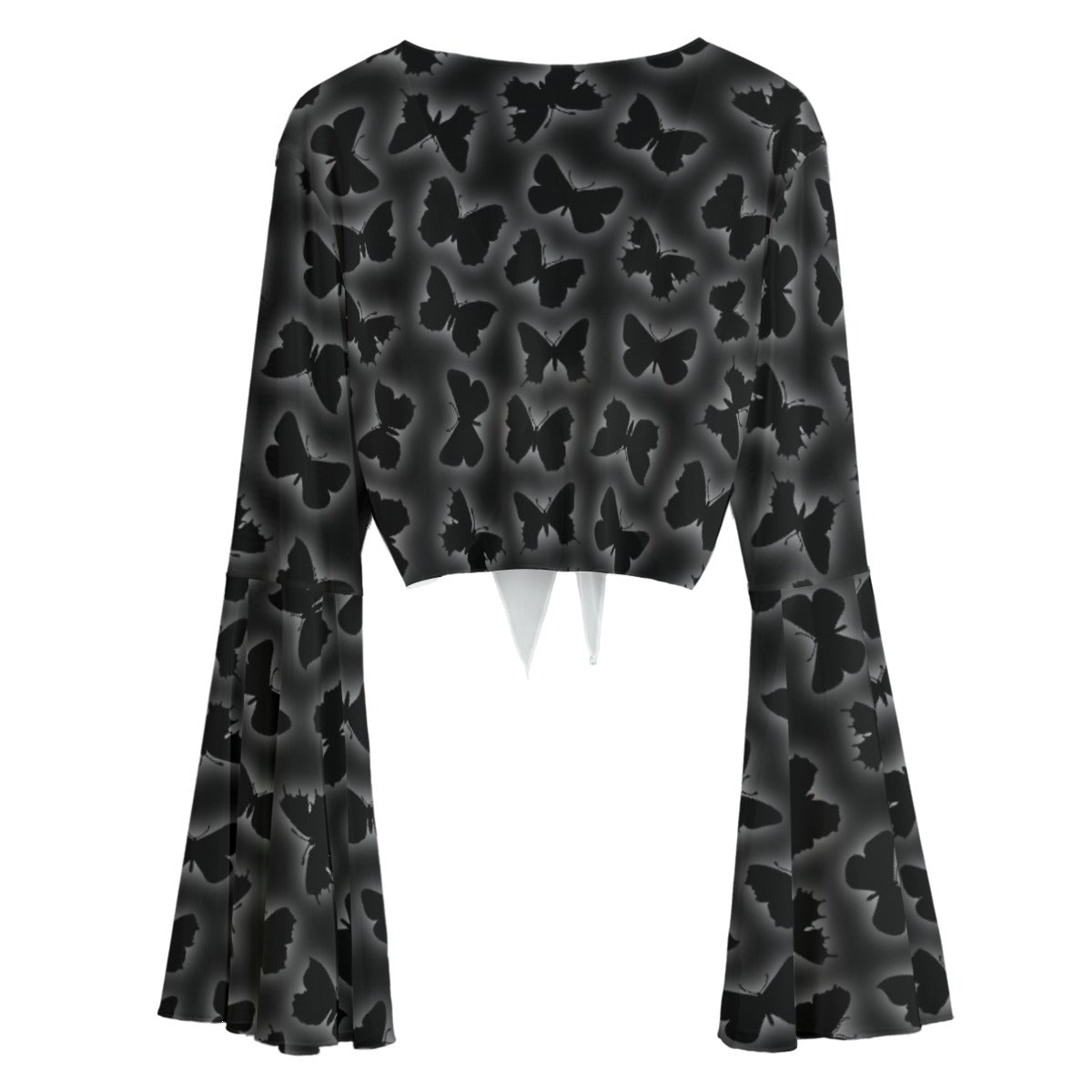 Gothic Butterfly Mesh Blouse with Bell Sleeves – Lace-Up Sheer Top for Women