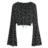 Gothic Butterfly Mesh Blouse with Bell Sleeves – Lace-Up Sheer Top for Women