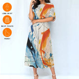 Paint Splash Abstract Midi Dress – Women’s Elastic Waist Casual Wear