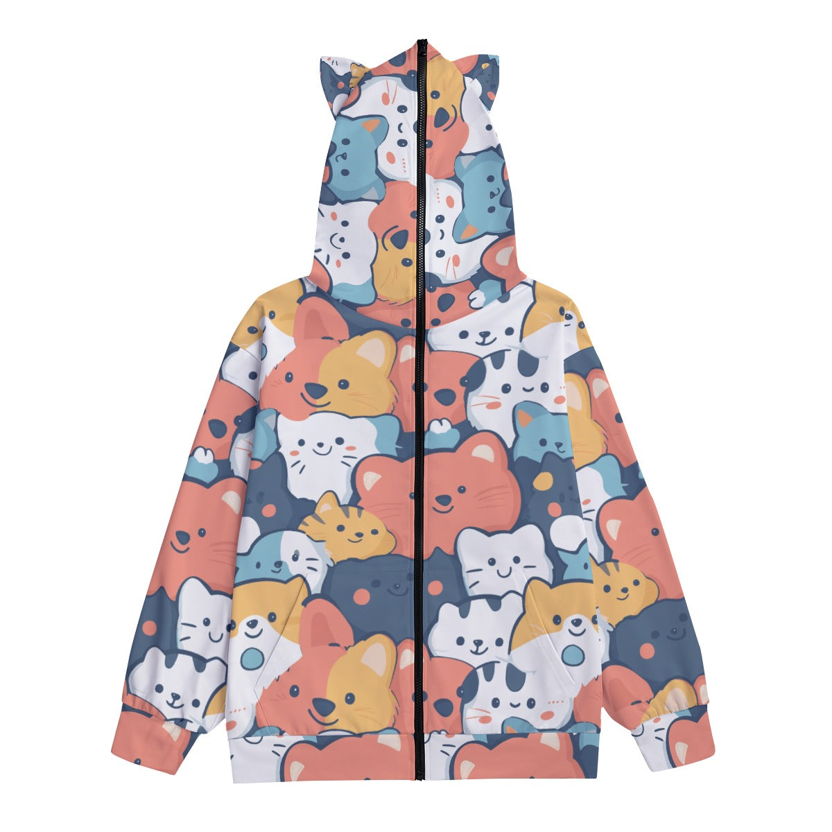 Cartoon Animal Zip Hoodie – Playful Cat & Dog Graphic Jacket