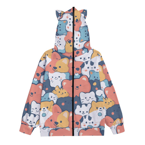 Cartoon Animal Zip Hoodie – Playful Cat & Dog Graphic Jacket