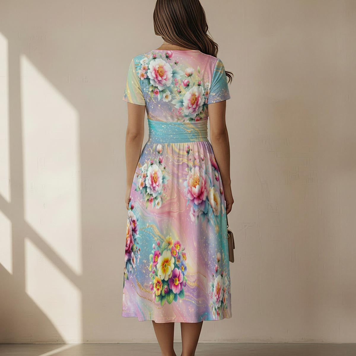 Pastel Floral Midi Dress – Elegant V-Neck Fit & Flare Dress