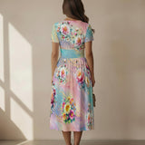 Pastel Floral Midi Dress – Elegant V-Neck Fit & Flare Dress