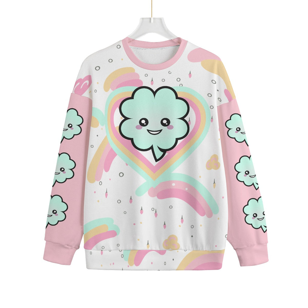 Kawaii Heaven Unisex Fleece Sweatshirt with Shamrock Rainbow Print - Loose Fit Hacci Fleece Crew Neck Sweater
