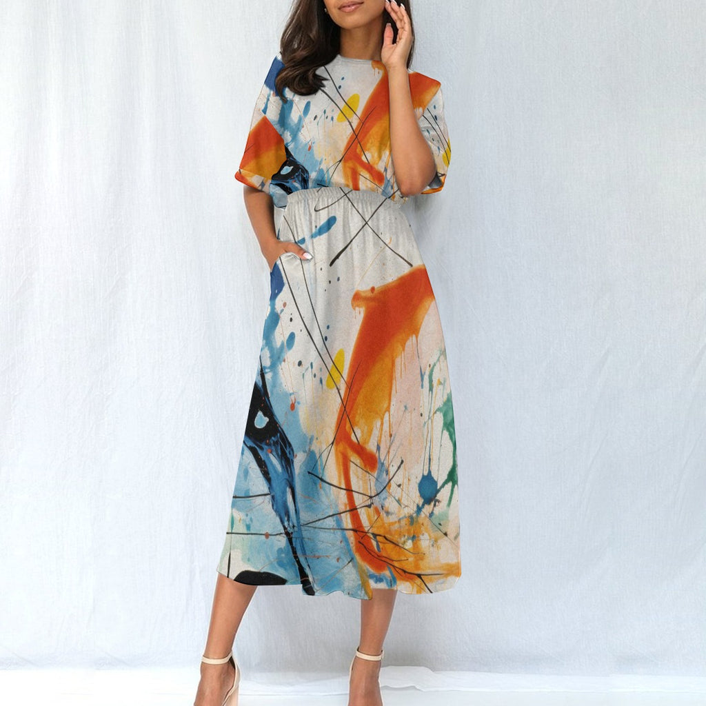 Paint Splash Abstract Midi Dress – Women’s Elastic Waist Casual Wear