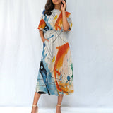 Paint Splash Abstract Midi Dress – Women’s Elastic Waist Casual Wear