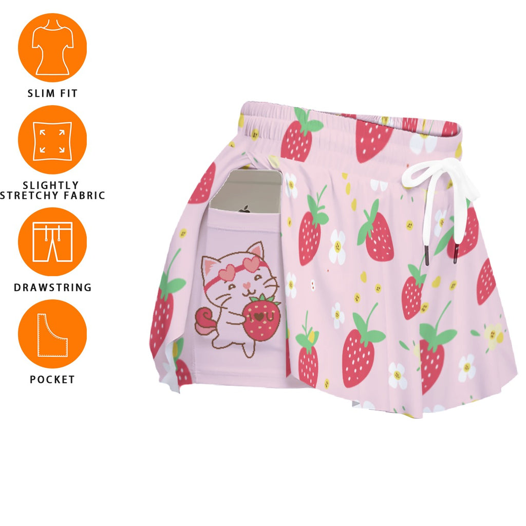 Kawaii Strawberry Cat Microfiber Sport Skorts - Pink Drawstring Athletic Skorts with Side Pockets
