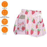 Kawaii Strawberry Cat Microfiber Sport Skorts - Pink Drawstring Athletic Skorts with Side Pockets
