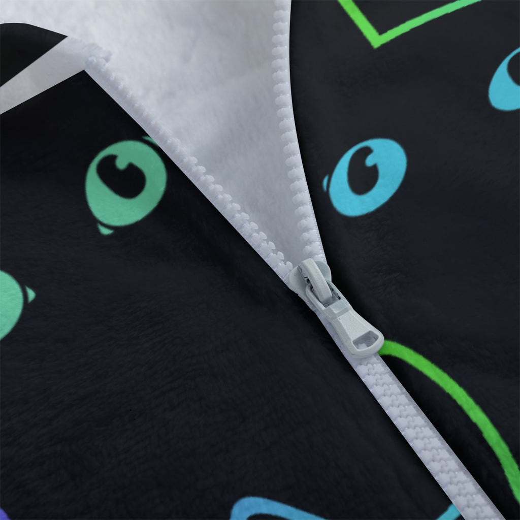 Neon Cat Bunny Ear Hoodie – Cute Black Fleece Zip Up Jacket
