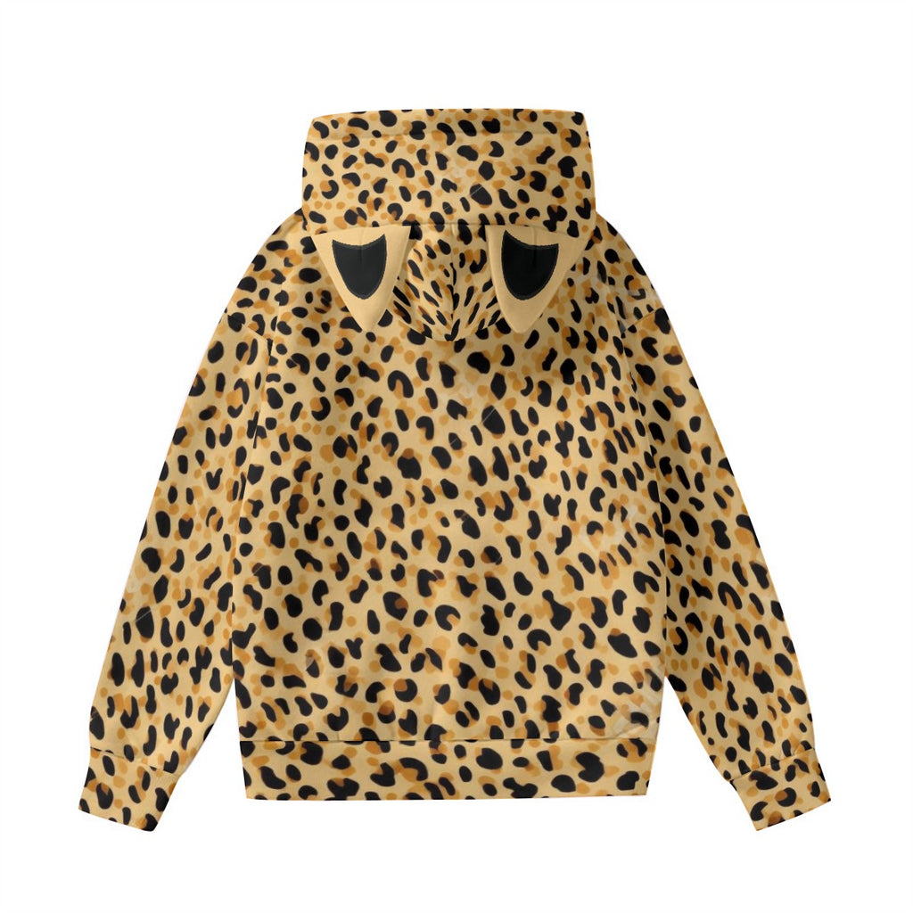 Leopard Print Kawaii Cat Ear Hoodie for Women, Cute Cartoon Cub Pullover with Decorative Ears