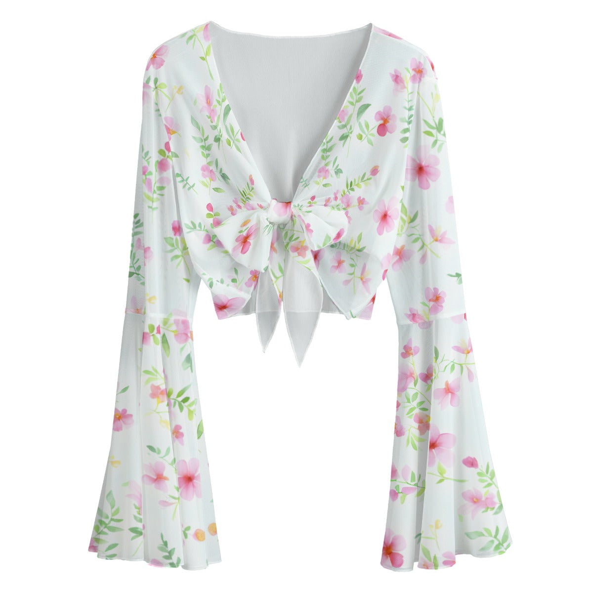Kawaii Heaven Women's Mesh Lace-Up Bell Sleeve Blouse, Elegant Chic Summer Style