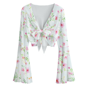 Kawaii Heaven Women's Mesh Lace-Up Bell Sleeve Blouse, Elegant Chic Summer Style