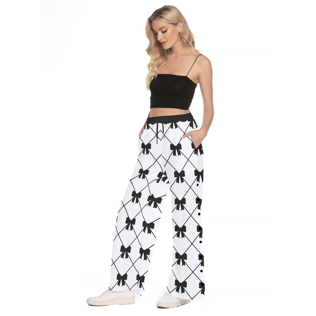 Black Bow Side Slit Wide Leg Pants