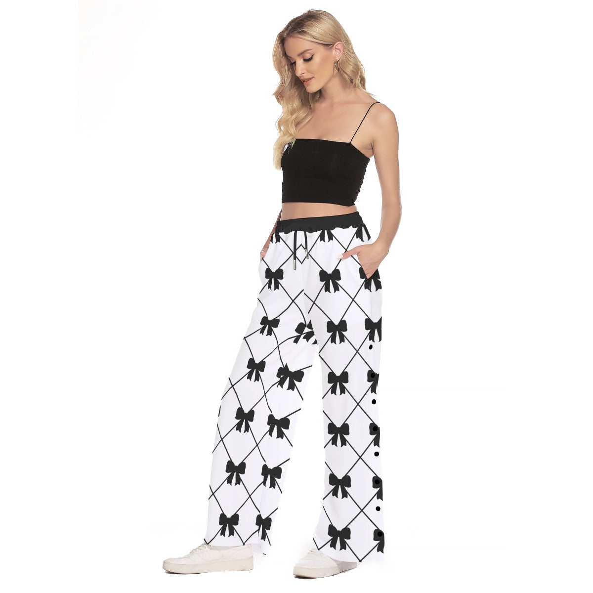 Black Bow Side Slit Wide Leg Pants