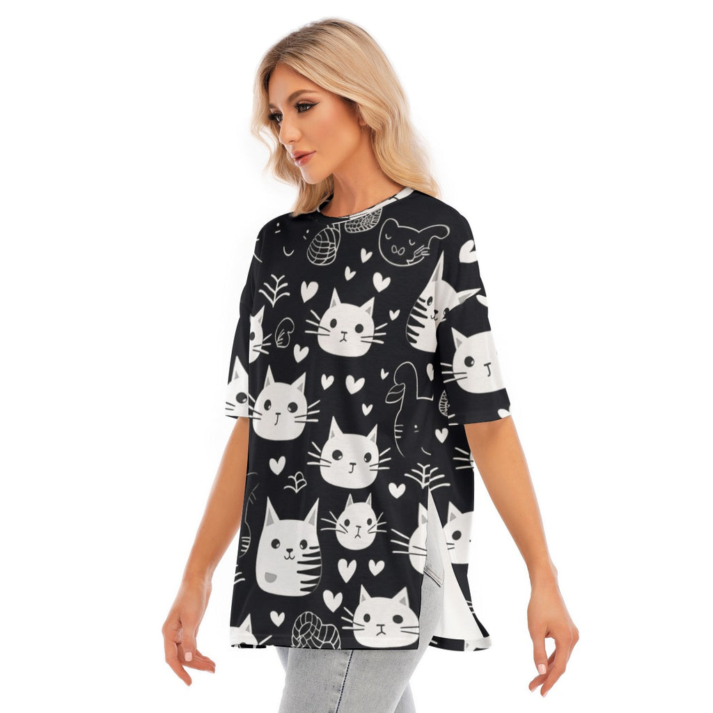 Women's Midnight Meow Short Sleeve T-Shirt with Hem Split - Oversized Crew Neck