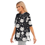 Women's Midnight Meow Short Sleeve T-Shirt with Hem Split - Oversized Crew Neck