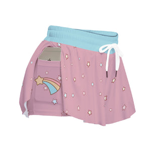 Kawaii Heaven Women's Rainbow Star Print Active Skort with Built-in Shorts