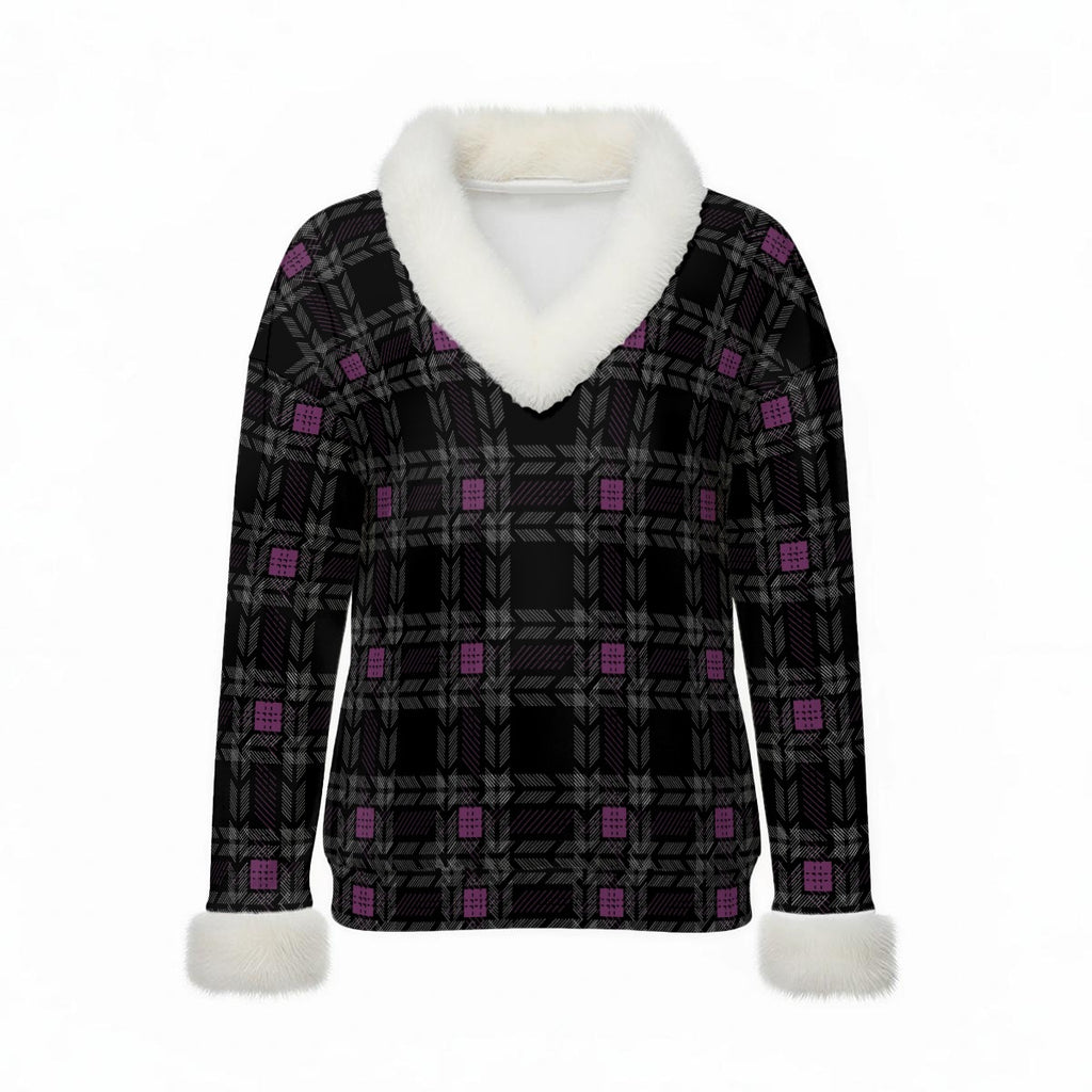 Black Plaid Faux-Fur Trim Sweater Top