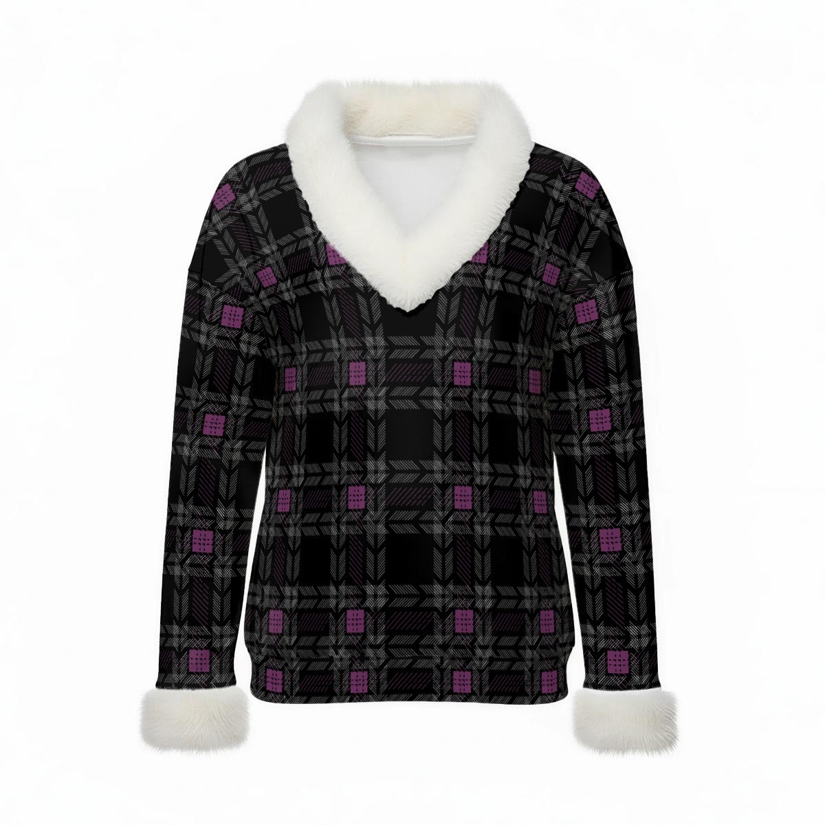 Black Plaid Faux-Fur Trim Sweater Top
