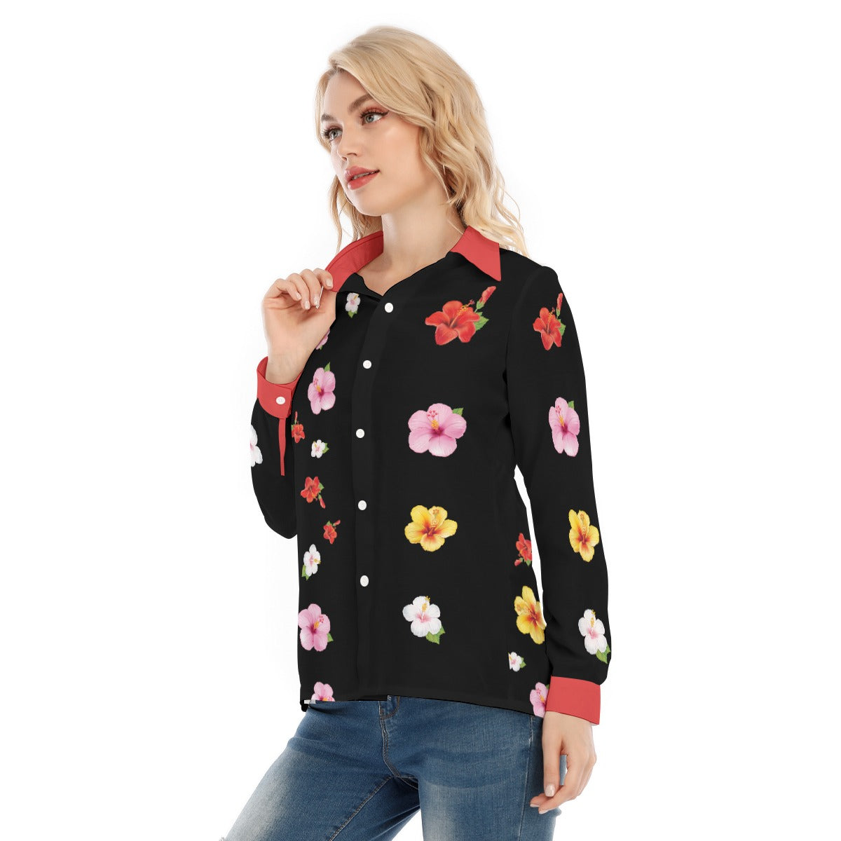 Floral Button Shirt – Black Flower Loose Fit Blouse