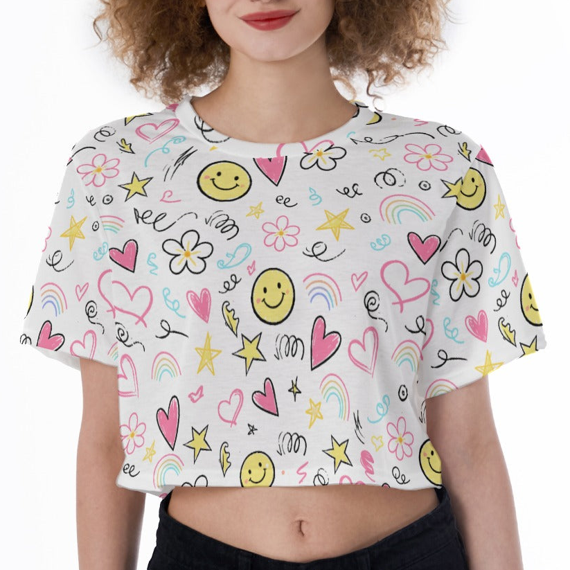 Kawaii Smiley Face Crop Top – Cute Cartoon Print Cropped T-Shirt