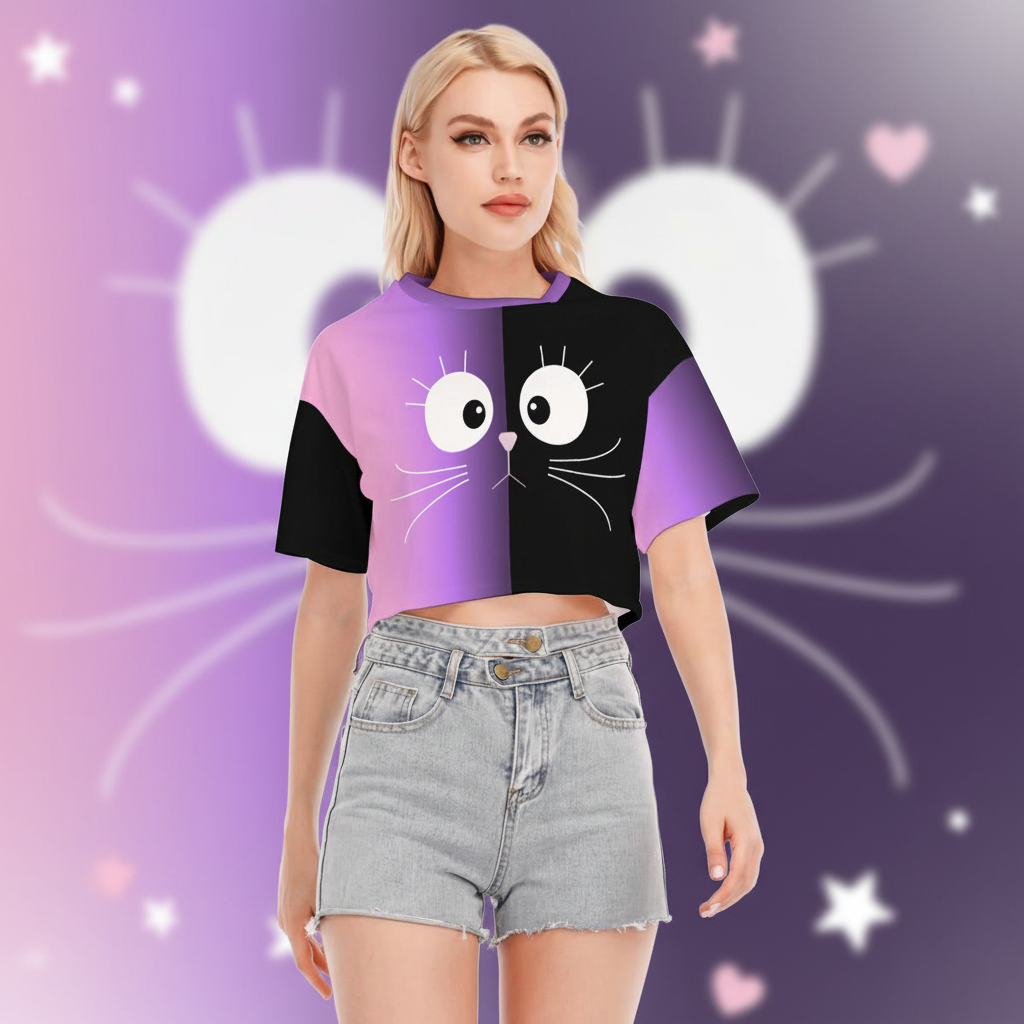 Cute Cat Crop Top – Purple Black Kawaii Cotton Tee | 190GSM Cotton