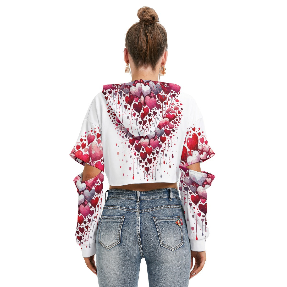 Heart Print Crop Hoodie – Cozy Cropped Hoodie with Drawstring