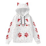 Kawaii Heaven Women's Cat Ear Hoodie with Red Paw Print Design