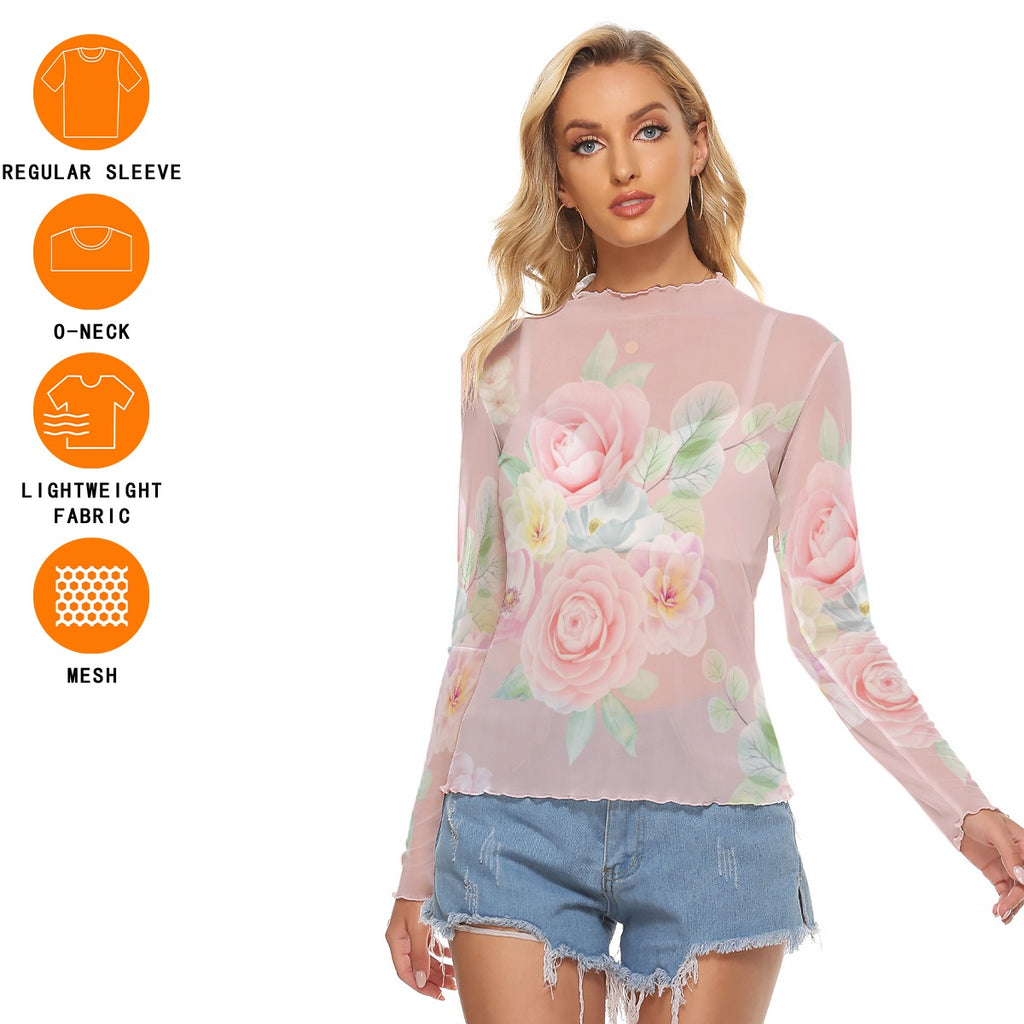 Women's Sheer Floral Mesh T-Shirt | Lightweight Breathable Long Sleeve Blush Rose