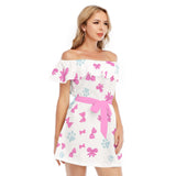 Off Shoulder Chiffon Dress with Bow Print – Lightweight Summer Mini Dress