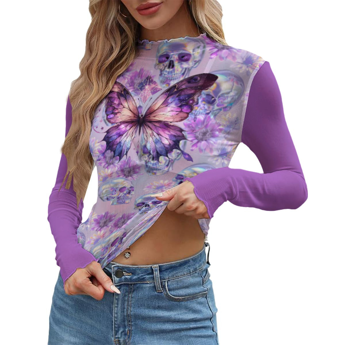 Purple Butterfly Skull Mesh Top – Gothic Fairycore Long Sleeve Shirt