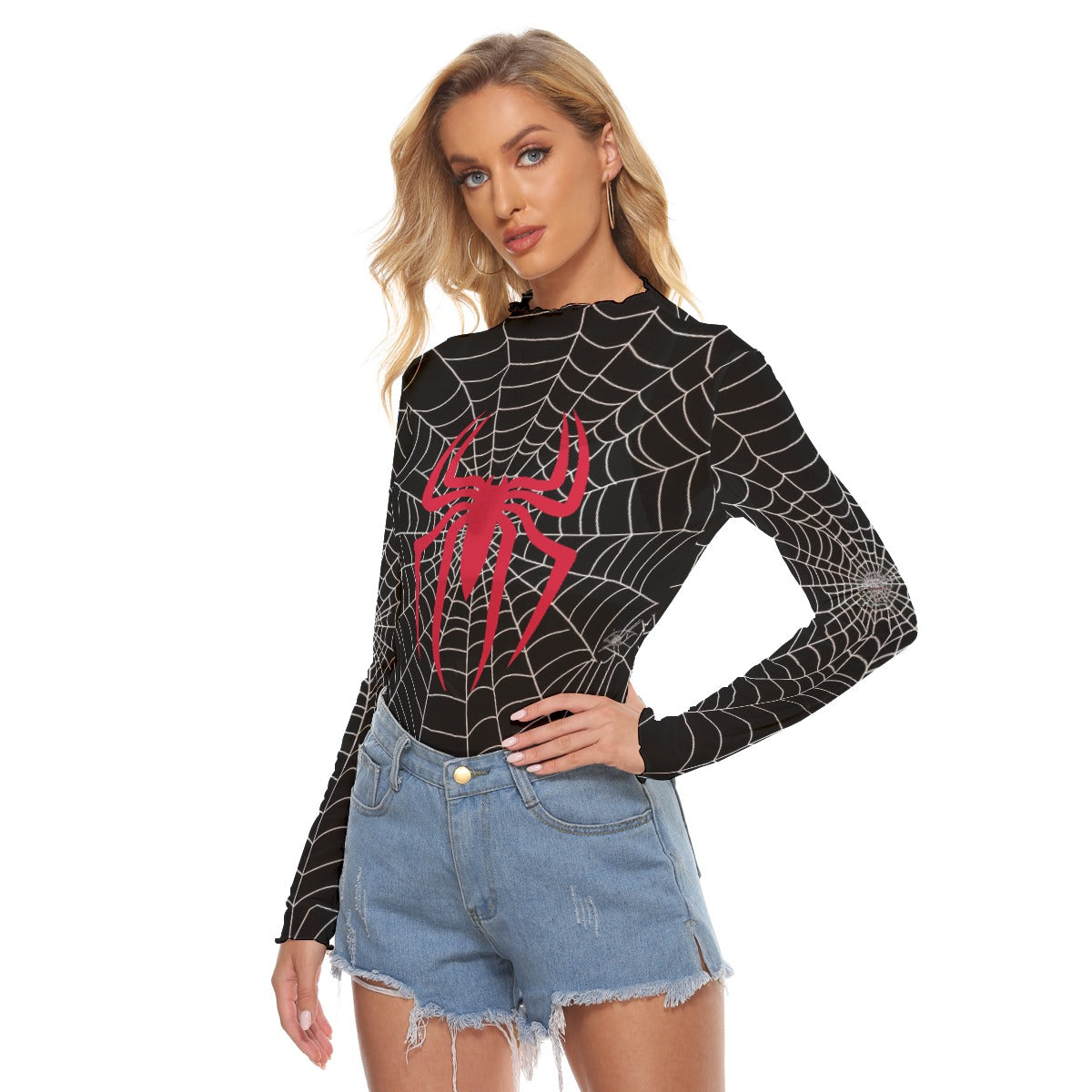 Kawaii Heaven Women's Mesh T-shirt - Spider Queen Print, Black Web with Red Spider