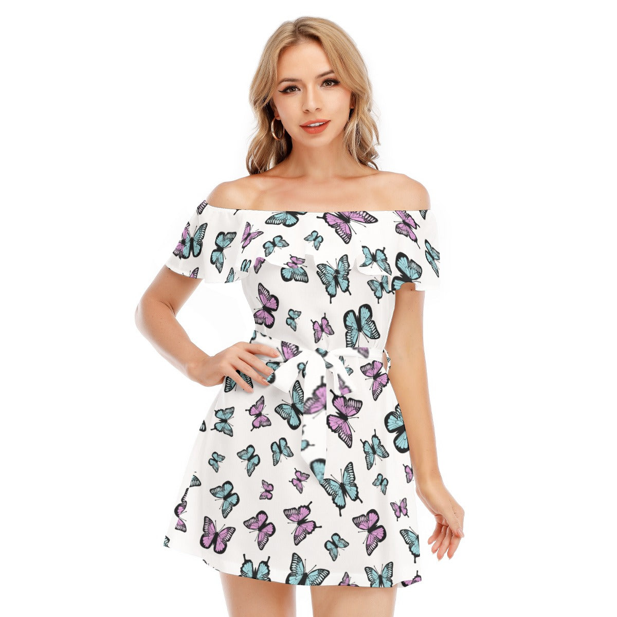Kawaii Heaven Women's Off-Shoulder Ruffle Dress with Lotus Lace, Feminine & Whimsical