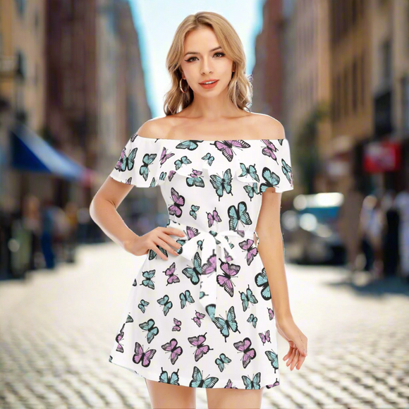Kawaii Heaven Women's Off-Shoulder Ruffle Dress with Lotus Lace, Feminine & Whimsical