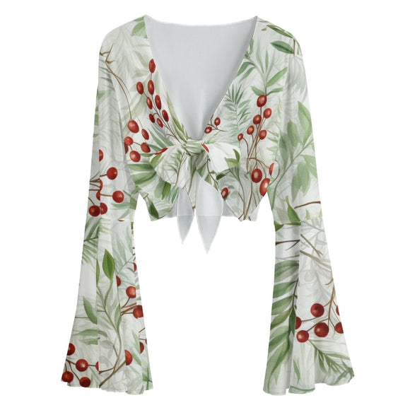 Cherry Grove Bell Sleeve Blouse for Women - Mesh Fabric with Lace-Up Design