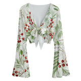 Cherry Grove Bell Sleeve Blouse for Women - Mesh Fabric with Lace-Up Design