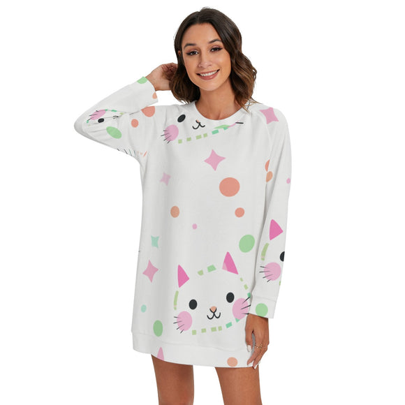 Kawaii Cat Polka Dot Women's Round Neck Raglan Sleeve Sweater