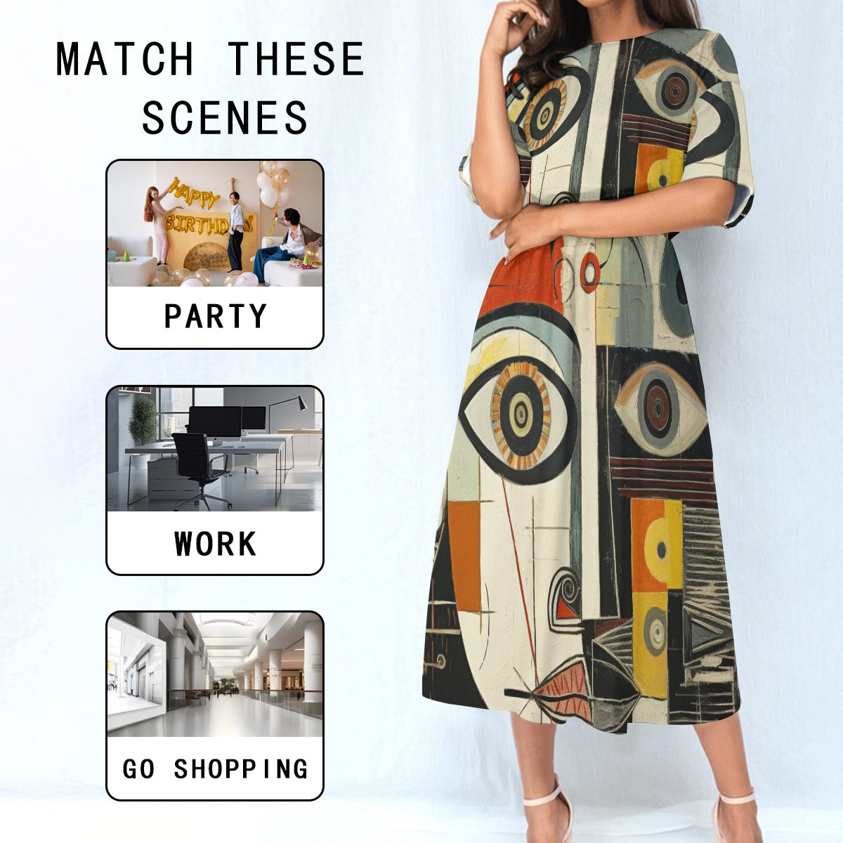 Abstract Art Midi Dress – Women’s Elastic Waist Casual Fashion