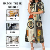 Abstract Art Midi Dress – Women’s Elastic Waist Casual Fashion