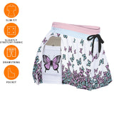 Women's Butterfly Print Athletic Skorts - White Drawstring Sport Skorts with Side Pockets and Built-in Shorts