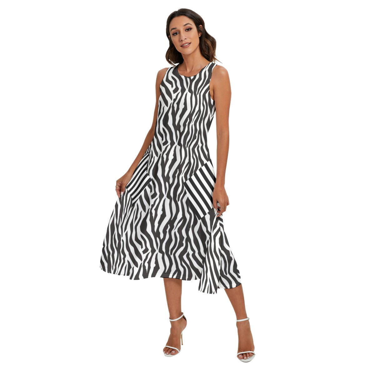 Zebra Print Maxi Dress – Sleeveless Casual Pocket Dress