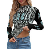 Blue Butterfly Mesh Crop Top - Long Sleeve Sheer Shirt for Women