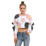 Women's Cropped Fleece Hoodie with Hollow Out Sleeves - Pink & Black Flower Print