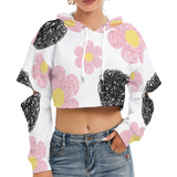 Women's Cropped Fleece Hoodie with Hollow Out Sleeves - Pink & Black Flower Print
