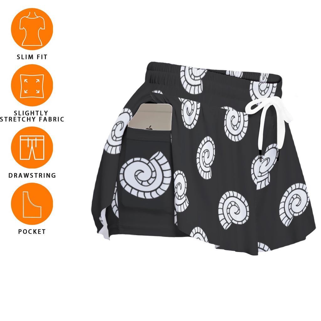 Monochrome Spiral Print Women's Sport Skorts with Pockets - Athletic Skirt Shorts by Kawaii Heaven